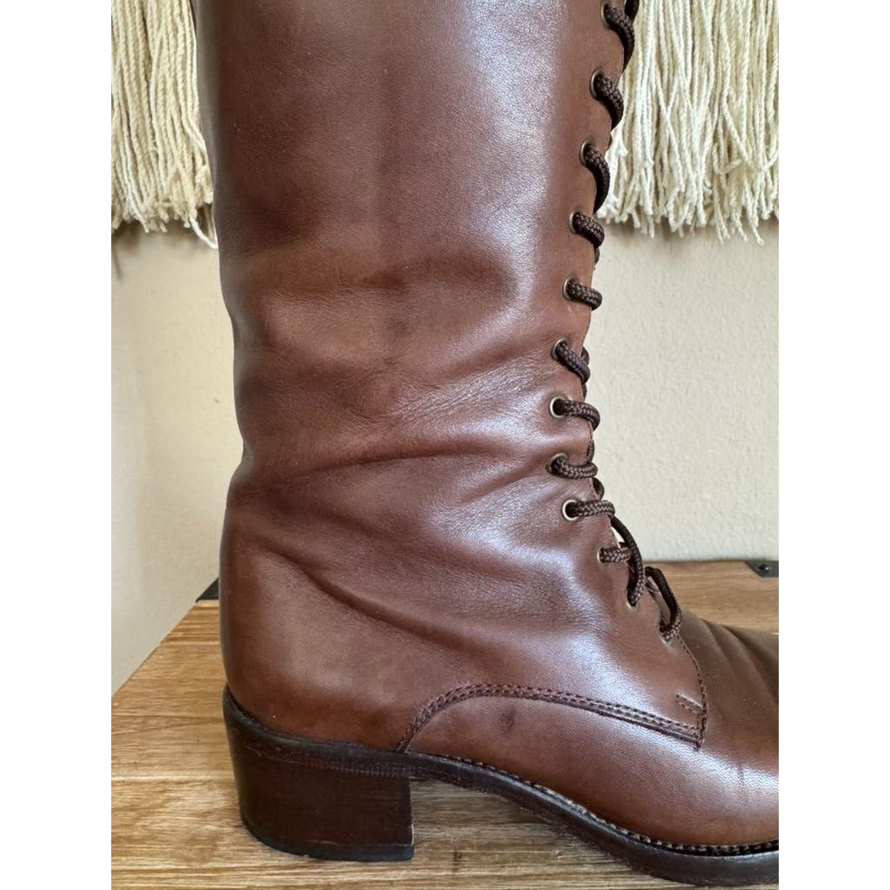 90s Vintage Charles David Brown Leather Lace Up Knee High Riding Boots Size 8 - Picture 9 of 16